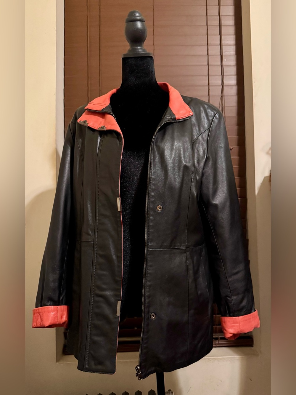 1970 VTG Vera Pelle Black Italian Leather Jacket with Dark Coral Trim